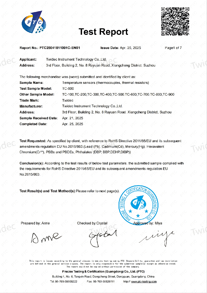 权威认证！合泉仪表温度传感器通过欧盟 RoHS 认证，设置环保安全新标杆！